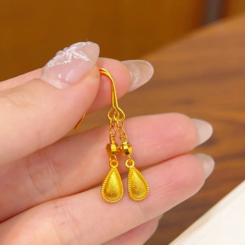 Luxury 100% Real 24K Gold 999 Antique Brushed Teardrop Bead Heart Tassel Ear Hook Earrings For Women