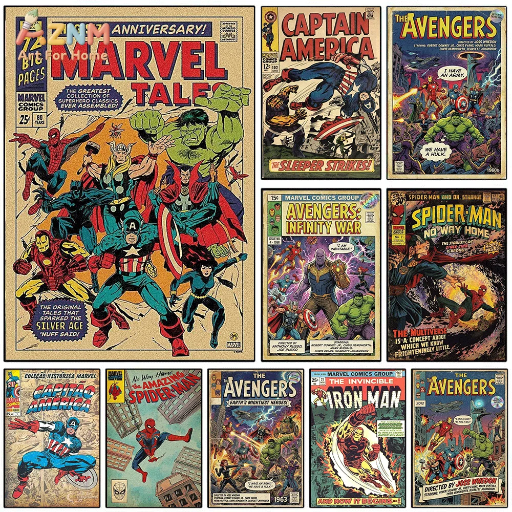 AZNM Vintage Marvel Superhero Comic‑Book Collage Frameless Canvas Wall‑Art Print Avengers Captain America Iron Man Spider‑Man