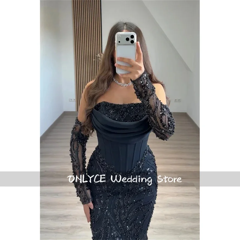 Customized Shiny Sequin Sleeve cover robes de soirée Strapless Backless Prom Dress Mermaid Formal events dresses 2025