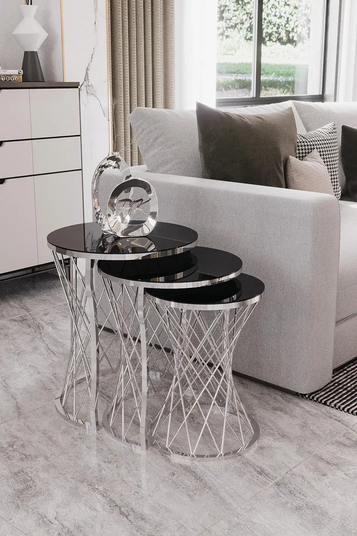 Modern Stylish Design 3 Piece Wicker Side Table Glass Model Furniture Living Room Coffee Tea Serving Table Decor