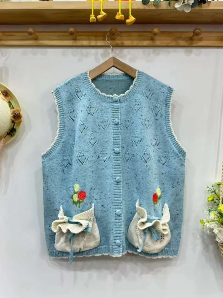 Japanese Mori Girl Vintage Embroidery Kawaii Sweater Vest Women Autumn Sleeveless Kintted Cardigan Loose Waistcoat Outwear