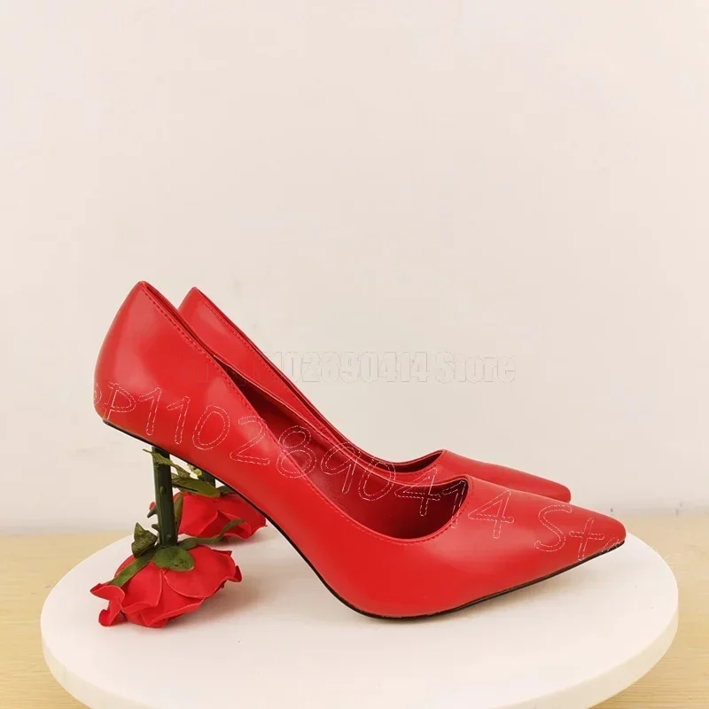 

Red Rose Flower Heel Shallow Pointed Toe Pumps Slip On Women Shoes Strange Style Heels Party Banquet 2025 Zapatos Para Mujere