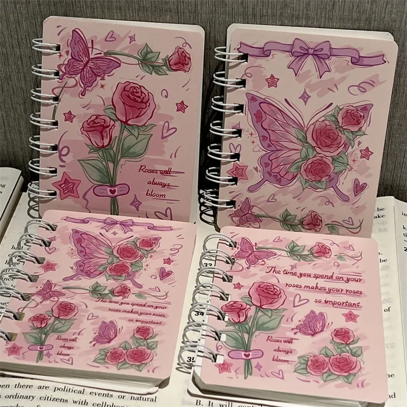 1 Pc Random Mini A7 Size Notebook for Student Girl Aesthetic Rose Red Butterfly Stationery Notepad Portable Cute Journal Diary