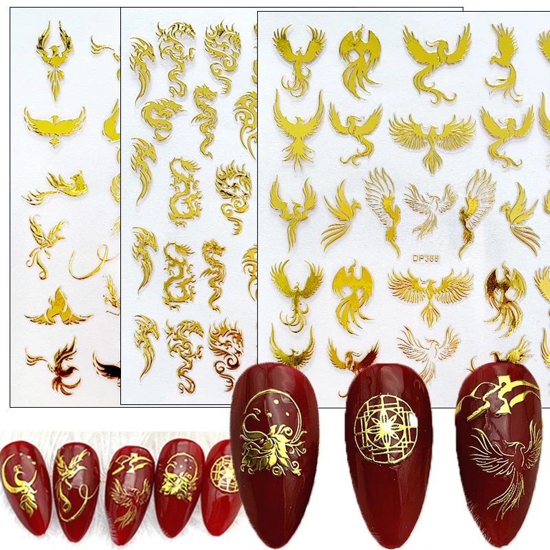 1pc Nail Art Sticker Gold Rainbow Phoenix Dragon Peacock Shape Stickers For Nails Flowers Adhesive Nail Art Decoration Manicure