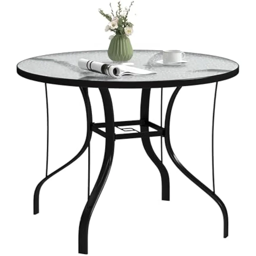 

38" Round Patio Table with Umbrella Hole, Outdoor Dining Table Tempered Glass Metal Frame Bistro Table, for Deck, Yard, Balcony