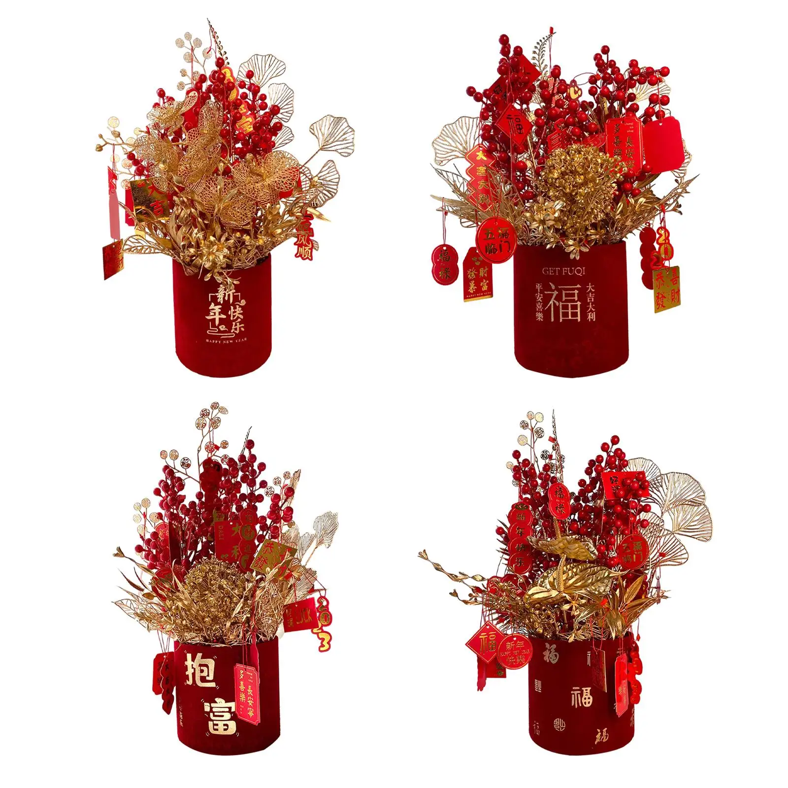 Red Berries Bouquet Bucket Decorative Spring Festivals Floral Arranging for