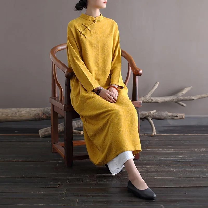 New Chinese Autumn Jacquard Cotton Linen Yellow Cheongsam Dress Women's Casual Retro Pullover Loose Eight-Sleeved Skirt Gown