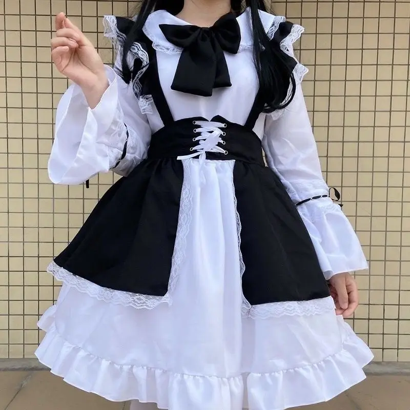 

Japanese black and white style maid long sleeve cute soft girl loli large size dress lolita goth style lolita