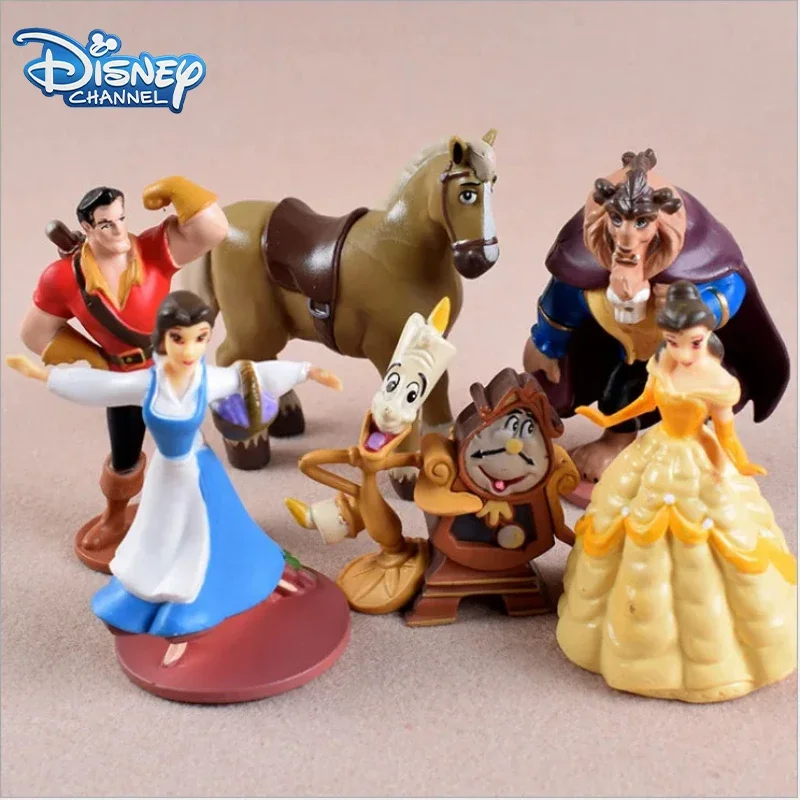 Schattige Disney Princess cartoonfigurencollectie - Belle en beest 6-delige poseable poppenset, geanimeerd decorgeschenk voor kinderen