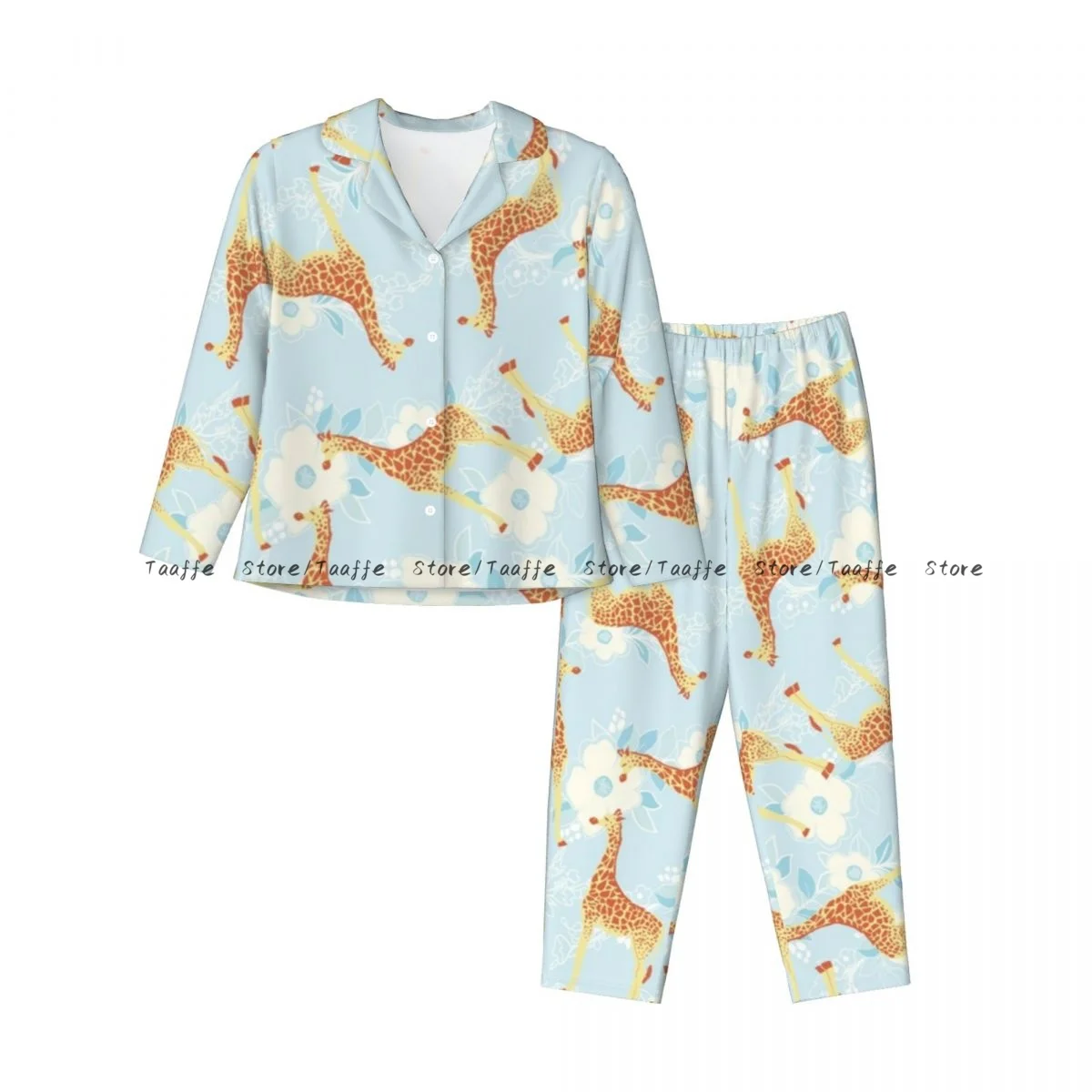 Spring and Autumn Pajama Set Women's Long Sleeve Pants Two Piece Cute Giraffe With Flowers Pattern Home Furnishing Set