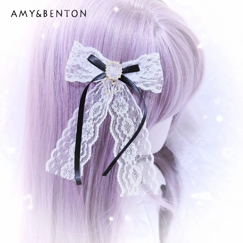 

Japanese Handmade Heavy Industry Beads Lace Bow Hairpin Sweet Cute Streamer Hair Accessories Versatile Kawaii Lolita Hair Clips
