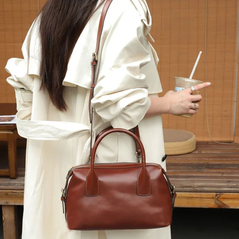 Women's Genuine Cow Leather Handbag Retro Top Handle Boston Bag Removable Shoulder Strap Crossbody Bag Daily Ladies Tote Purse