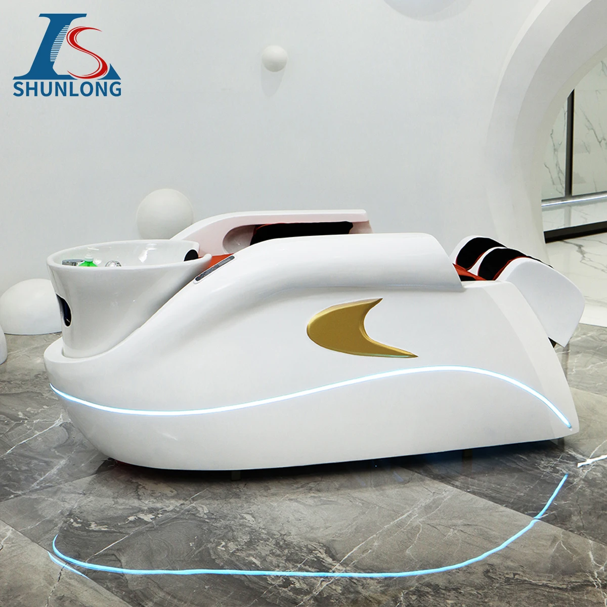 Electric Head Spa Shampoo Bed White Shell Gold Deco Pink LED Light Water Circulation Hair Washing Chair for Hair Salon