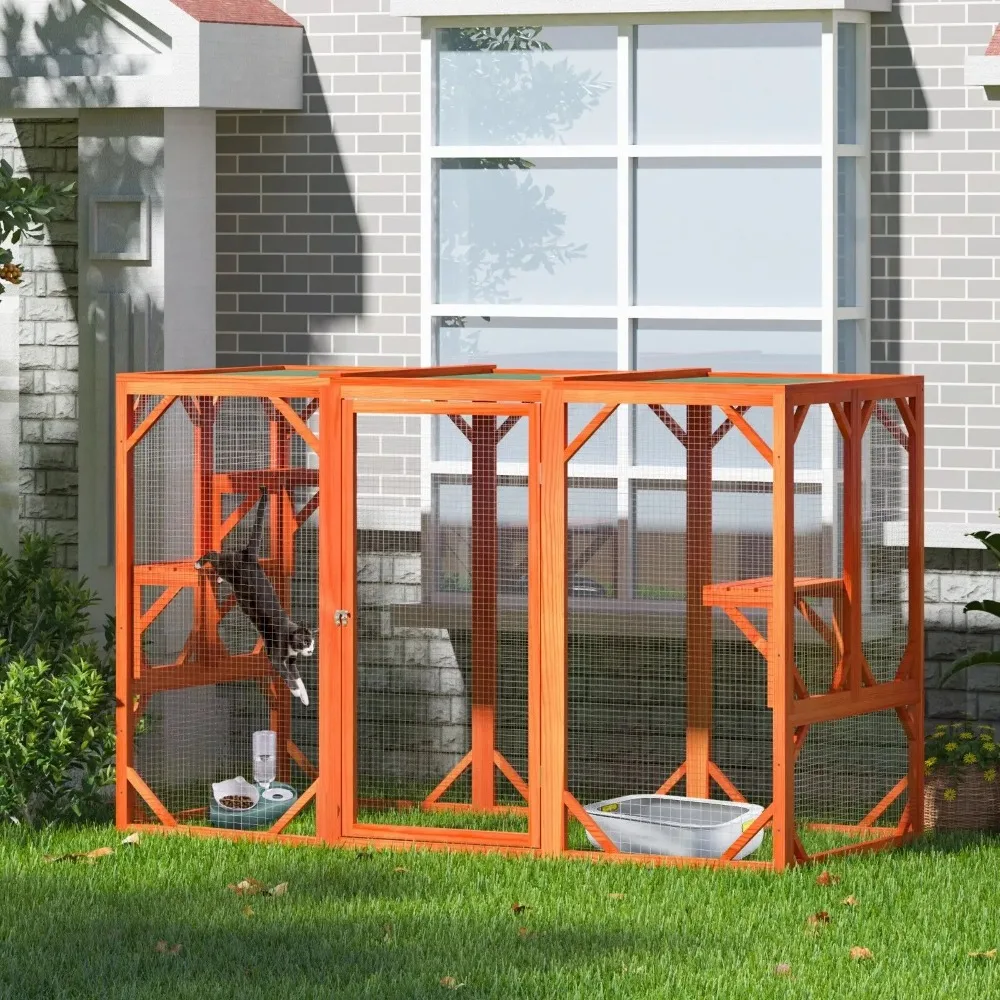 

Outdoor Cat Enclosure Cat Cage Condo Playpen with Platforms Water-proof Wooden Cat House