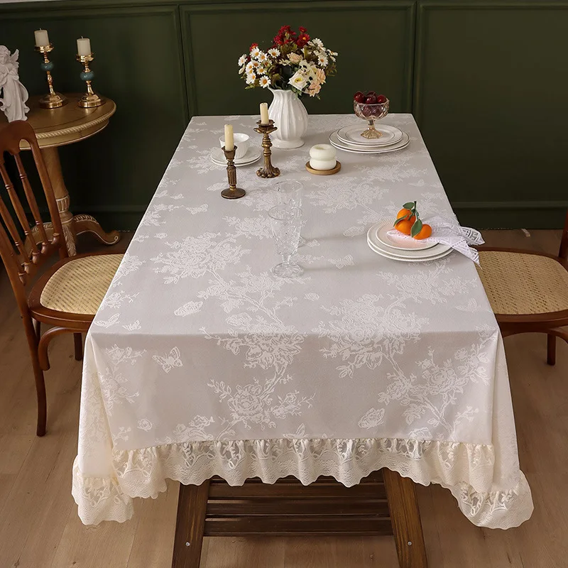 Thickened Lace Tablecloth with Flounces High-End Elegant Solid Printing Dustproof Table Mat New Wedding Party Banquet Home Decor