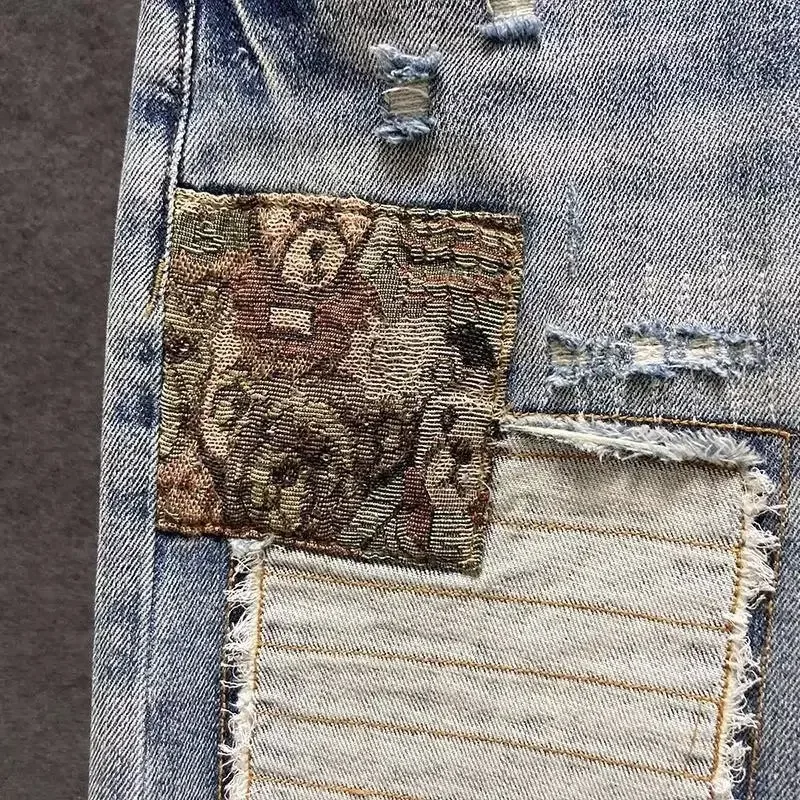 البوب أربعة مواسم الرجال عادية العصرية هول مرقع فضفاض سراويل جينز موضة جديدة الكورية رقيقة غسلها الضوء الأزرق الجينز السراويل مال