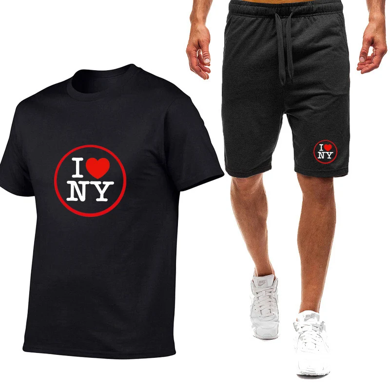 

I love New York Logo Print Summer 2025 Men's New Style Loose Fit Round Neck Breathable Casual Trendy Brand T-shirt Pants Suits