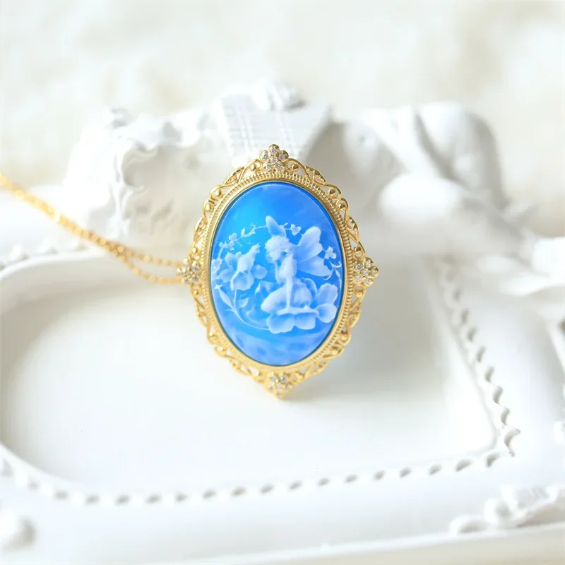 S925 Silver Agate Cameo Butterfly Fairy Brooch Pendant Dual-use