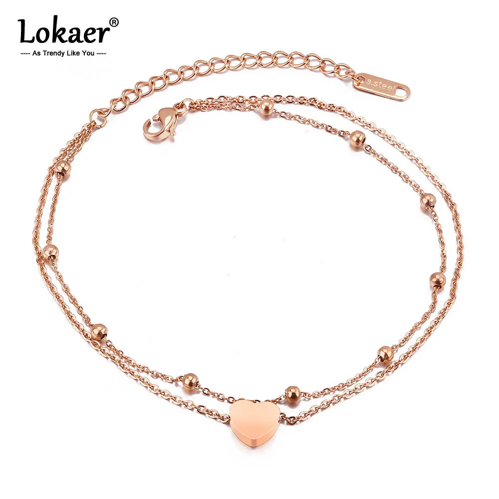 Lokaer Fashion Bohemia Double Layer Stainless Steel Heart Charm Bracelets For Women Rose Gold Plated Chain Link Bracelet B18197