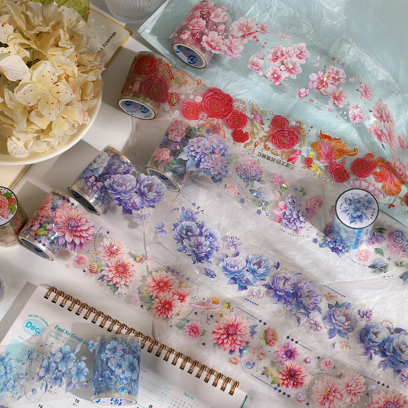 55mm*200cm/ Roll Vintage Flower Landscaping Shell Light PET Tape Creative DIY Journal Collage Decor Stationery