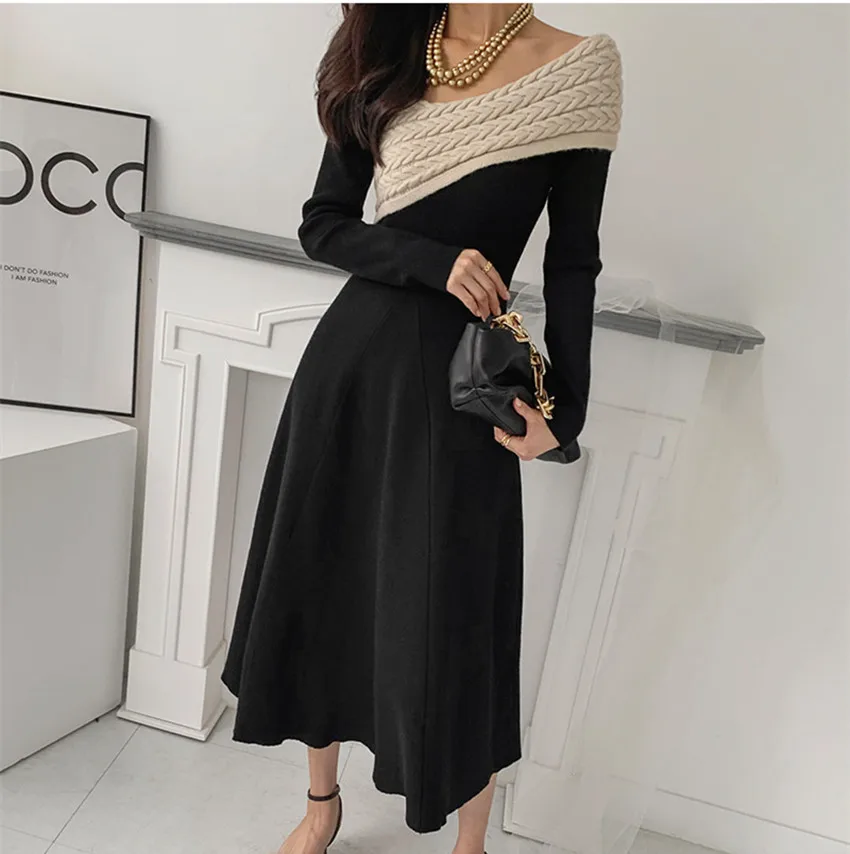 Chic Fashion Design Autumn Spring Knitting Midi Dress Elegant Women V Neck Black Patchwork Long Sleeve Slim Waist Sweater Dress