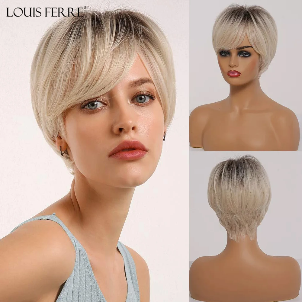 LOUIS FERRE Short Ombre Black Ash Light Blonde White Synthetic Wigs With Bangs For Black Woman Afro Cosplay Wig High-Temperature