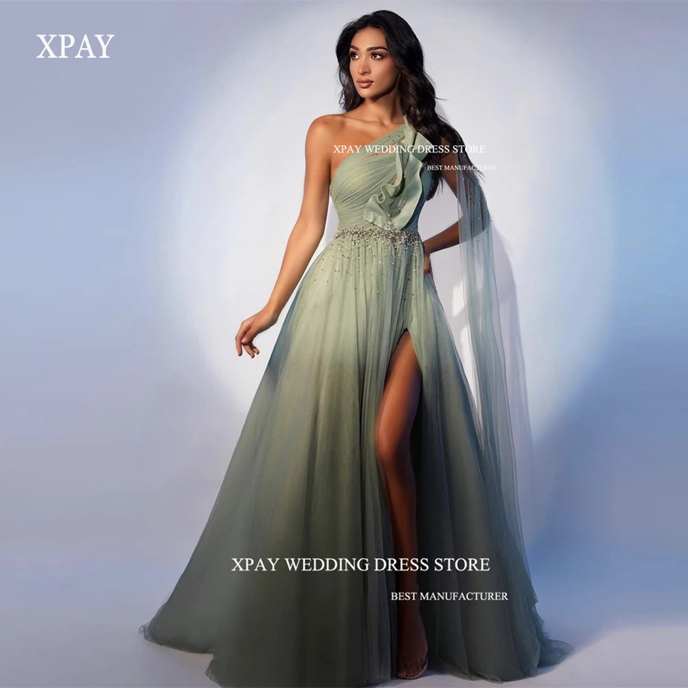 

XPAY Modern Sage Green Tulle Long Prom Dresses One Shoulder Beads Cape Sleeve Split Dubai Arabic Women Evening Gowns Party Dress