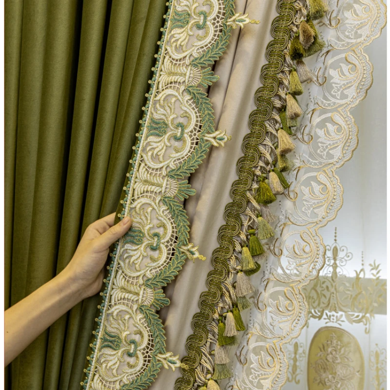 Luxurious French olive green velvet curtains bedroom living room French window custom window screen house decor