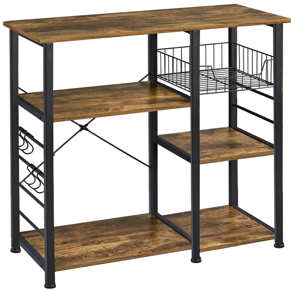 

4-уровневая кухонная тележка-стеллаж для выпечки, подставка для микроволновой печи и кофейного бара с проволочной корзиной и 6 боковыми крючками, на заказ