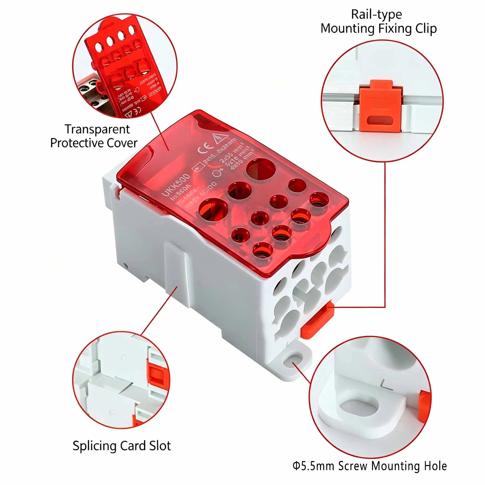 UKK DIN Rail Single Pole Terminal Block Junction Box One In Multi Out Electrical Wire Splitter 80A 125A 160A 250A 400A 500A