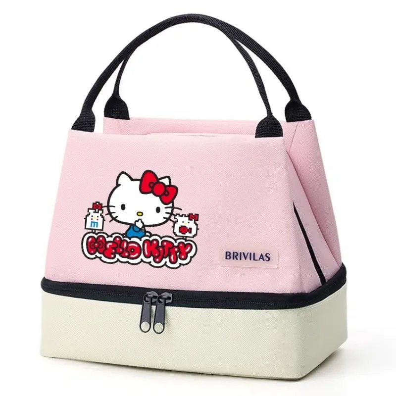 Hello Kitty Color Block Print Double Layer Insulated Lunch Bag, Portable Cooler Bag Outdoor Bento Tote
