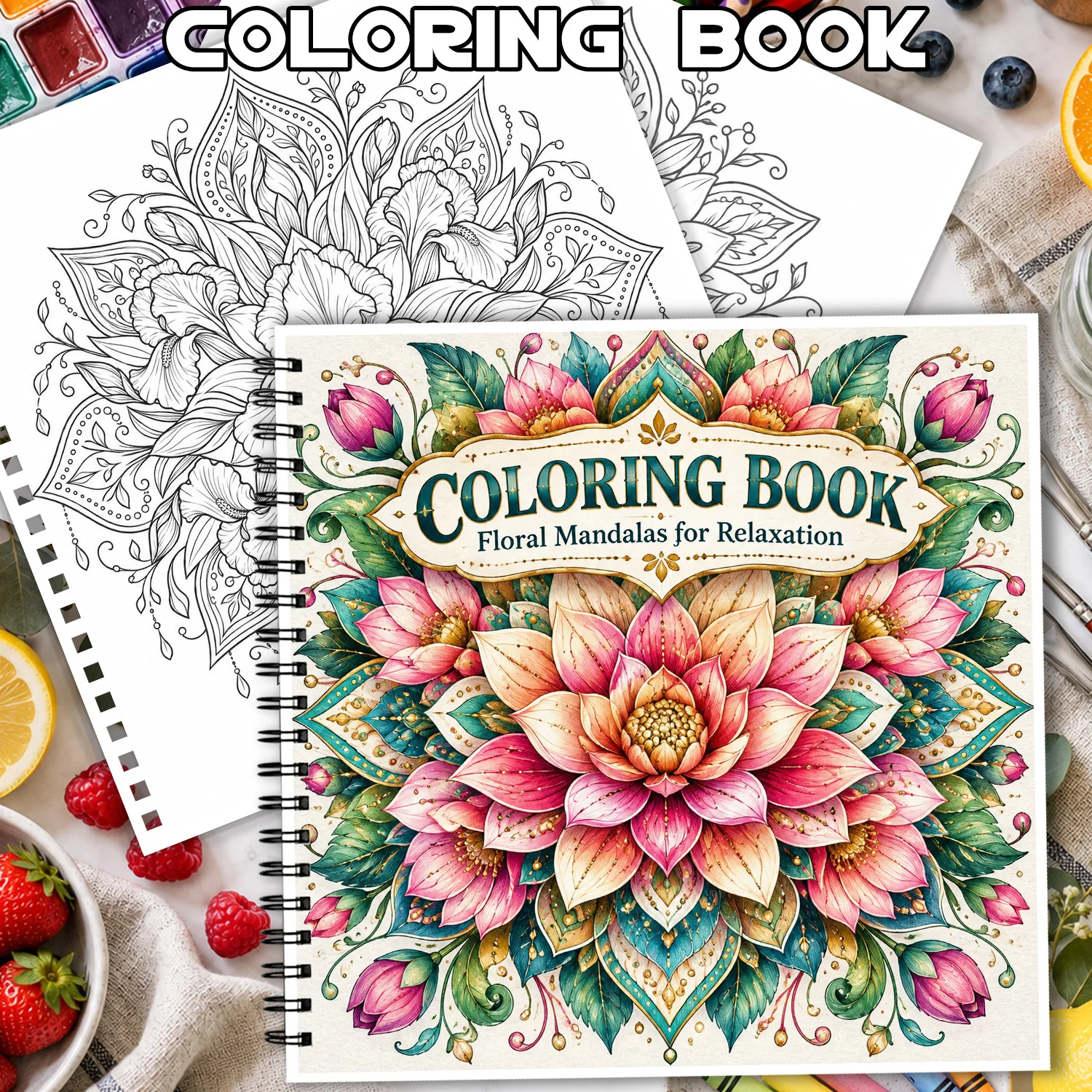 Spiral Binding Coloring Book Floral Mandalas for Relaxation, showcasing creativity & relieving stress for Adults Teens 24 Sheets