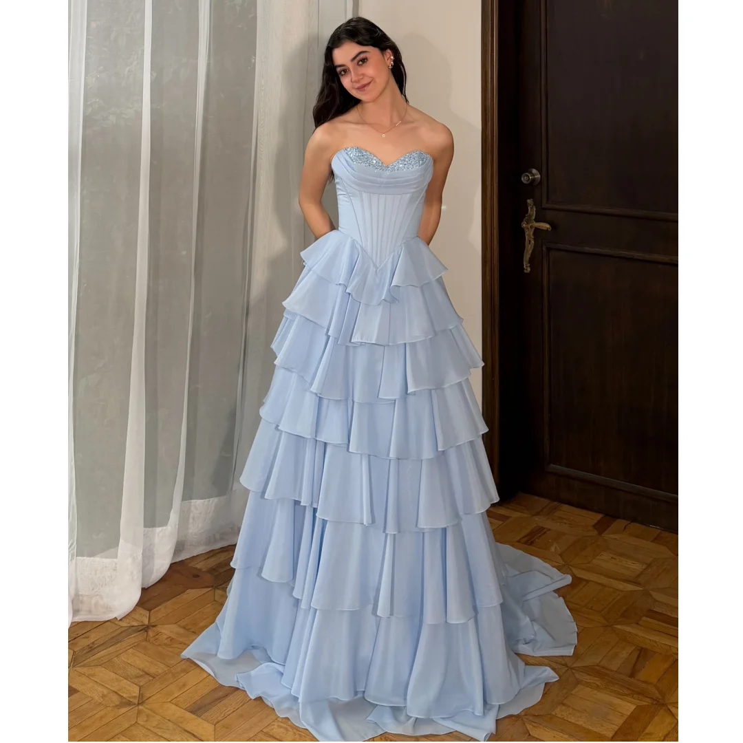 

Layers Chiffon Evening Dresses Women Ruffles Bustier Corset Prom Dress Plus Size Formal Party Gown Gala Vestidos Customized