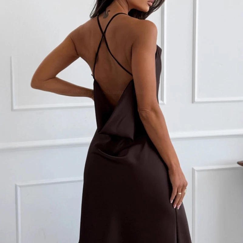 Lady Simple Hollow Out Split Dresses Vintage Satin Solid Color Slim Halter Dress Elegant Backless Sleeveless Pleated Maxi Dress