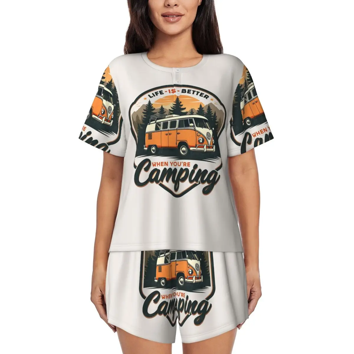 

CamperVan Happy Camper Round Neck Short Sleeve Nightgowns for Sleeping Sleepshirts Women Soft Pajama Set Short Pants