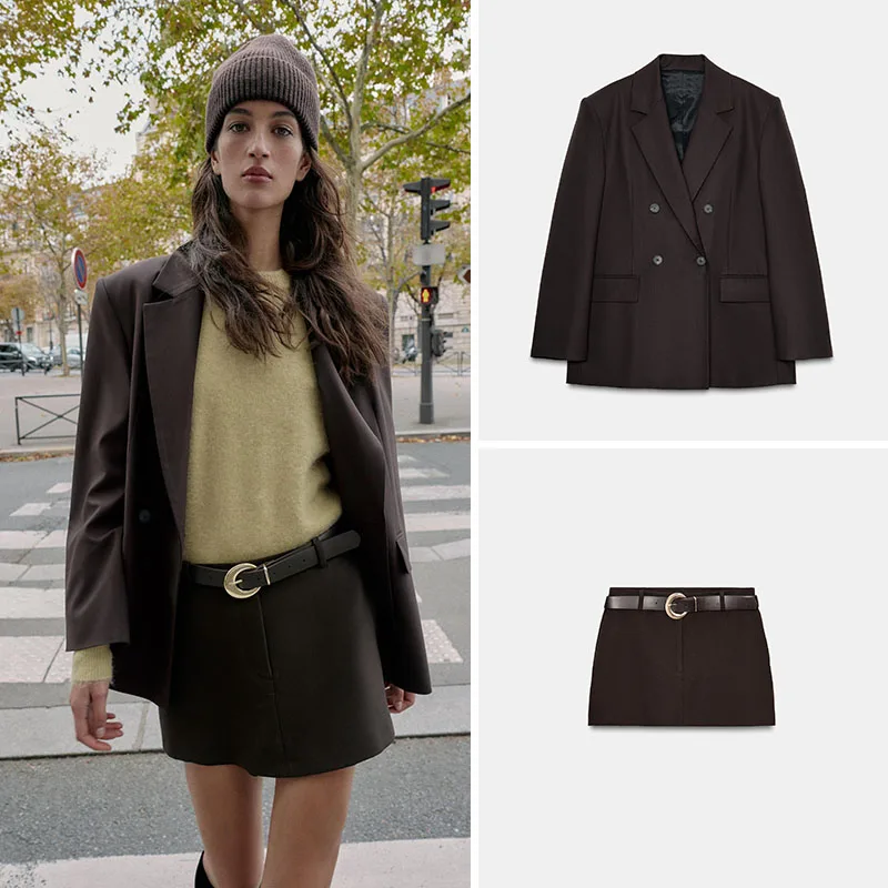 

New Autumn Women's Suit Jaet with Belted Skirt Pants Double Breasted Long Sve Commute Sle Stand Fit Ladies Outerwear