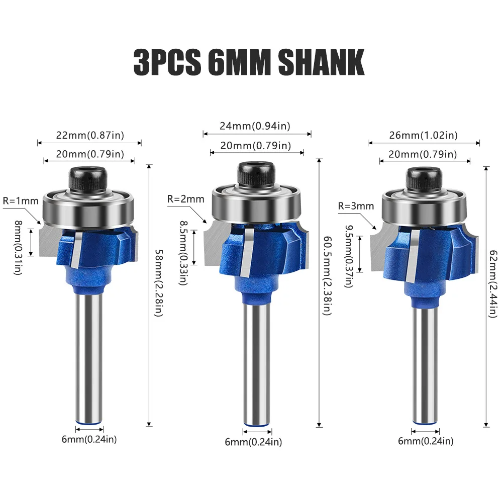 8mm 6mm 1/4inch 4 Flutes Corner Rounding End Mills Wood Router Bit Set With Bearing Milling Cutter For Carpentry Tools R1 R2 R3