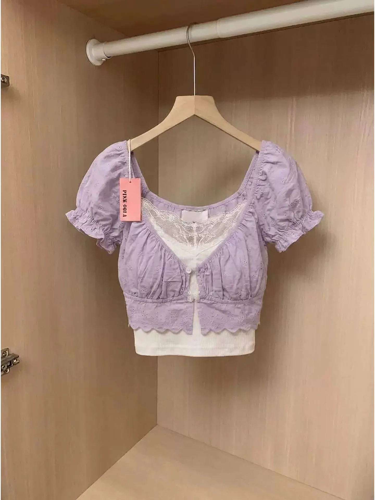 Sweet Lace Trim Purple Bubble Sleeve Shirt Women's Summer Waist Cinched Belted Top Strap Two Piece Set Fashionable Casual Outfit