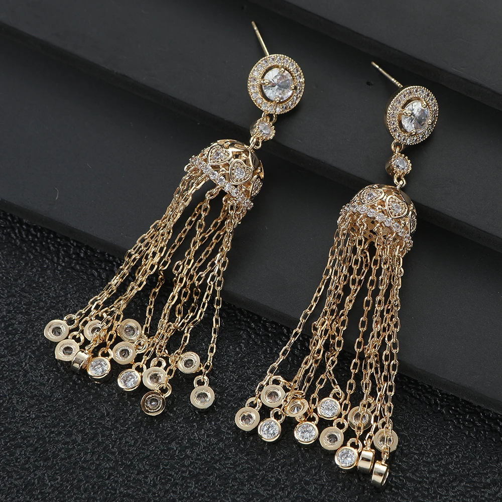 여성을위한 긴 기하학 라운드 긴 술 귀걸이 웨딩 큐빅  - Women Accessories Dubai 리뷰 및 가격