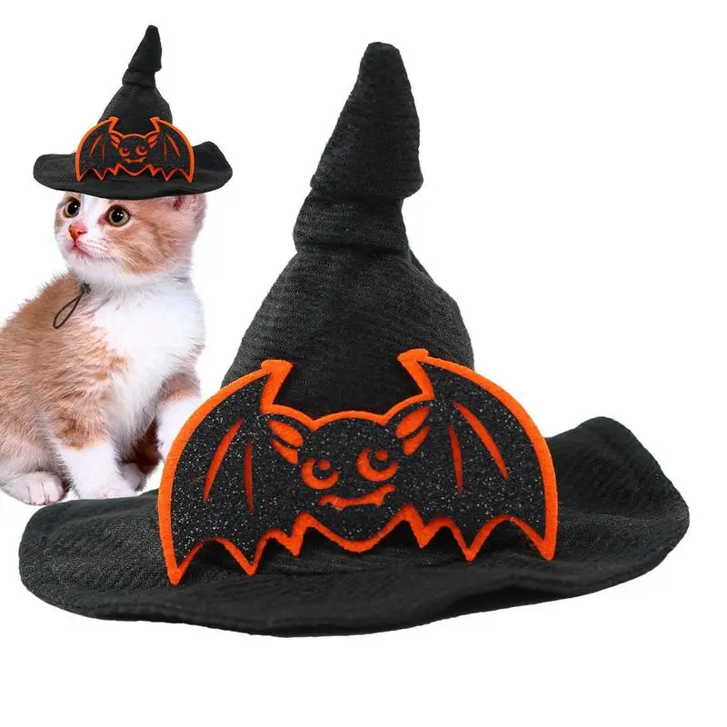 Halloween Pet Hat Adjustable Size Puppy Witch Hat Not Shed Hair Bat Design Spooky Pumpkin Hat For Medium Dog Costume Helper