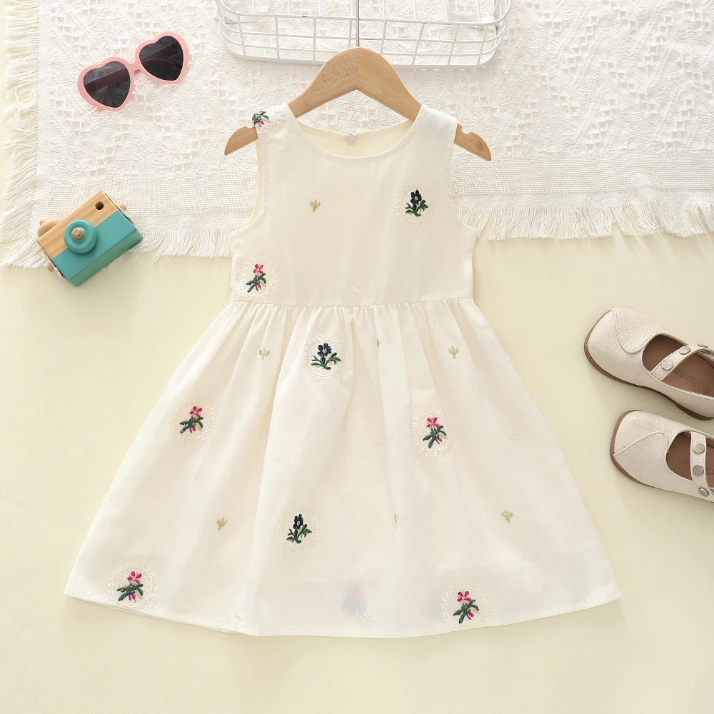 Summer Children Kids Clothing Refreshing Floral Embroidered Vest Casual Cool Sleeveless Princess Dress Girl Clothing 2-6Y