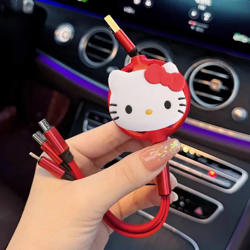 MINISO Hello Kitty Scalability 3 IN 1 Fast charging data cable type-c Mini USB charger For Iphone Android Phone Xiaomi Huawei