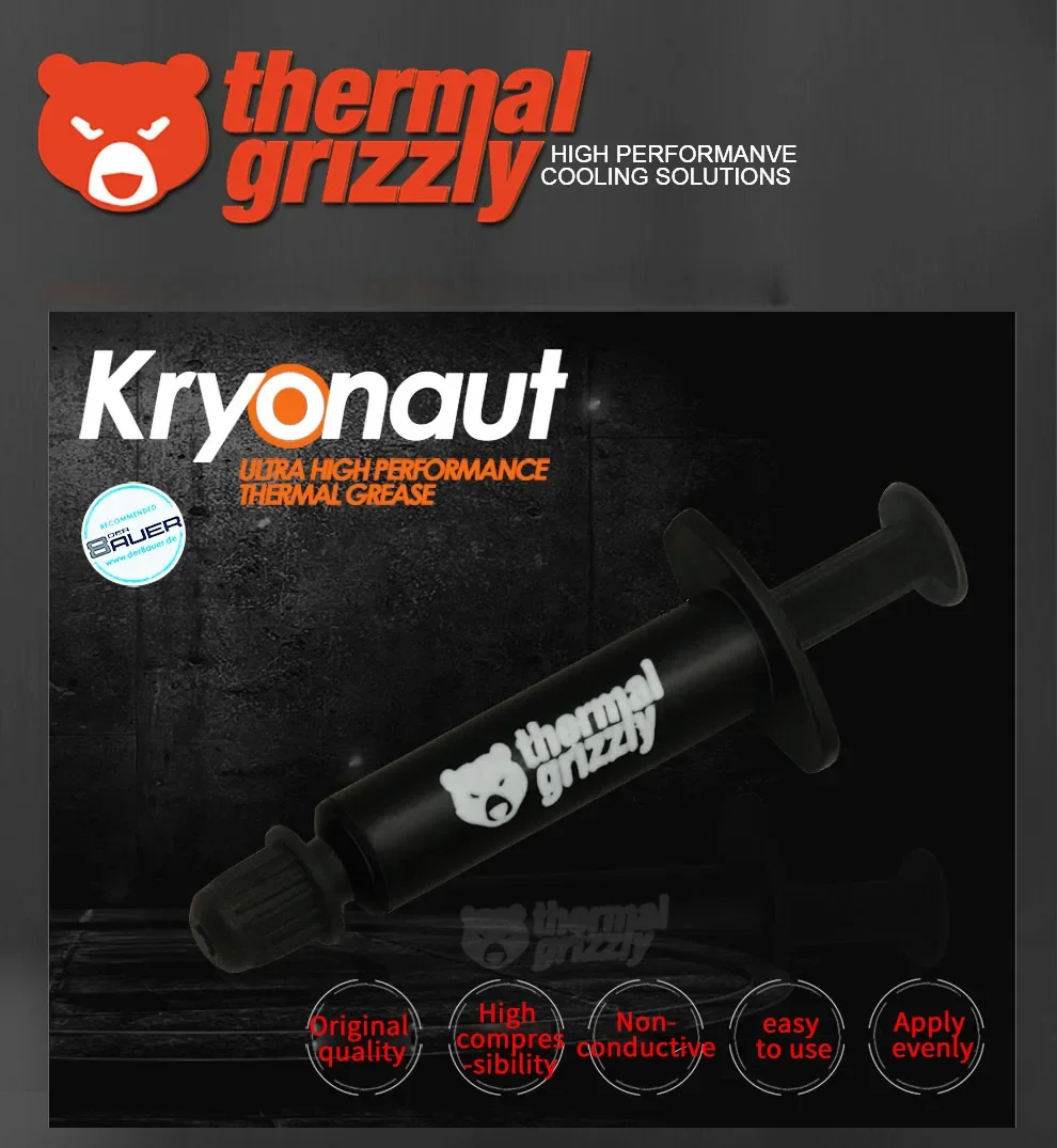 Pasta térmica Grizzly krynaut para refrigeração, gpu e dissipador de calor para computadores e consoles, alto desempenho