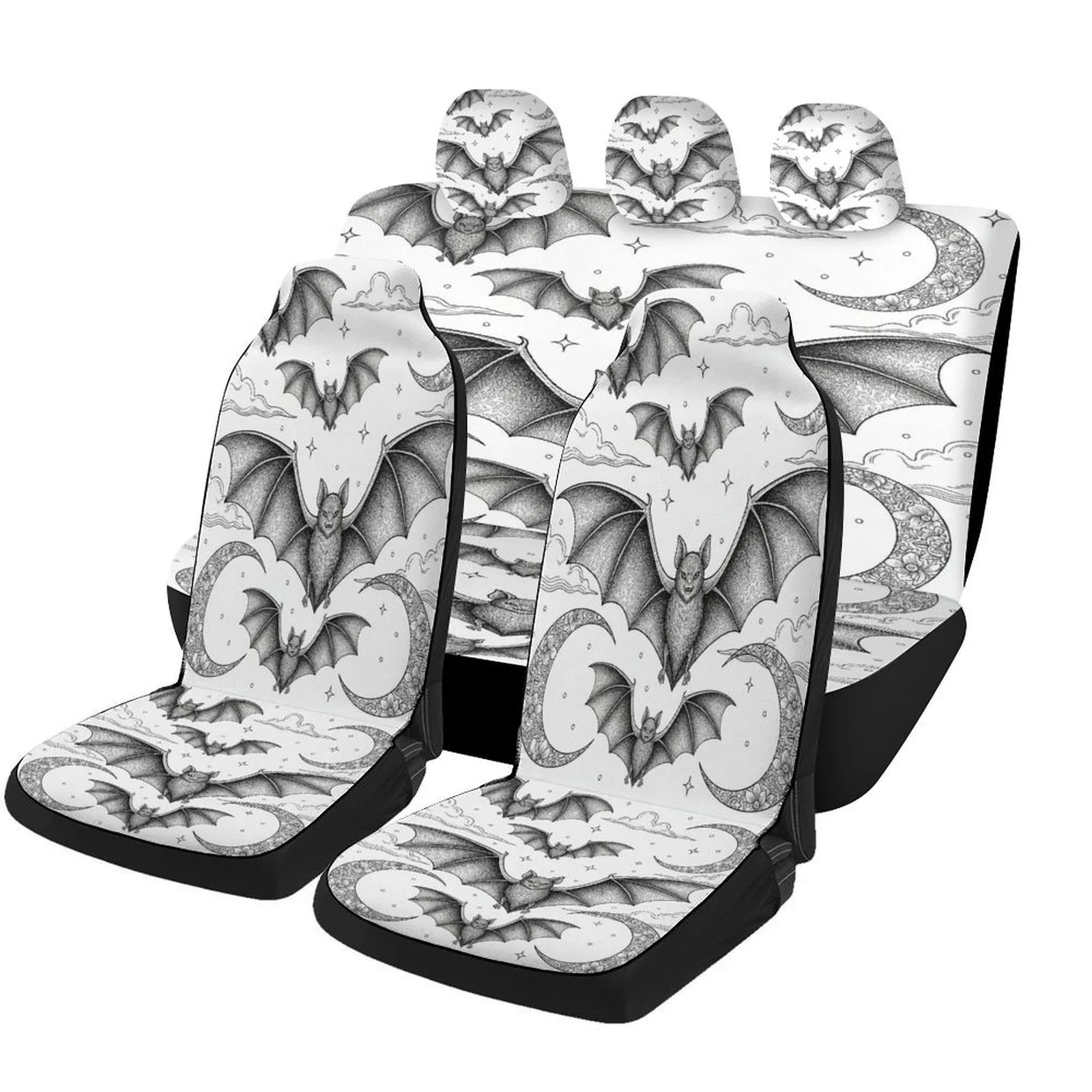 

A Set Of Car Seat Covers Featuring Bats And Moons, Suitable For Various Vehicles. These Stylish And Breathable Covers The Seats