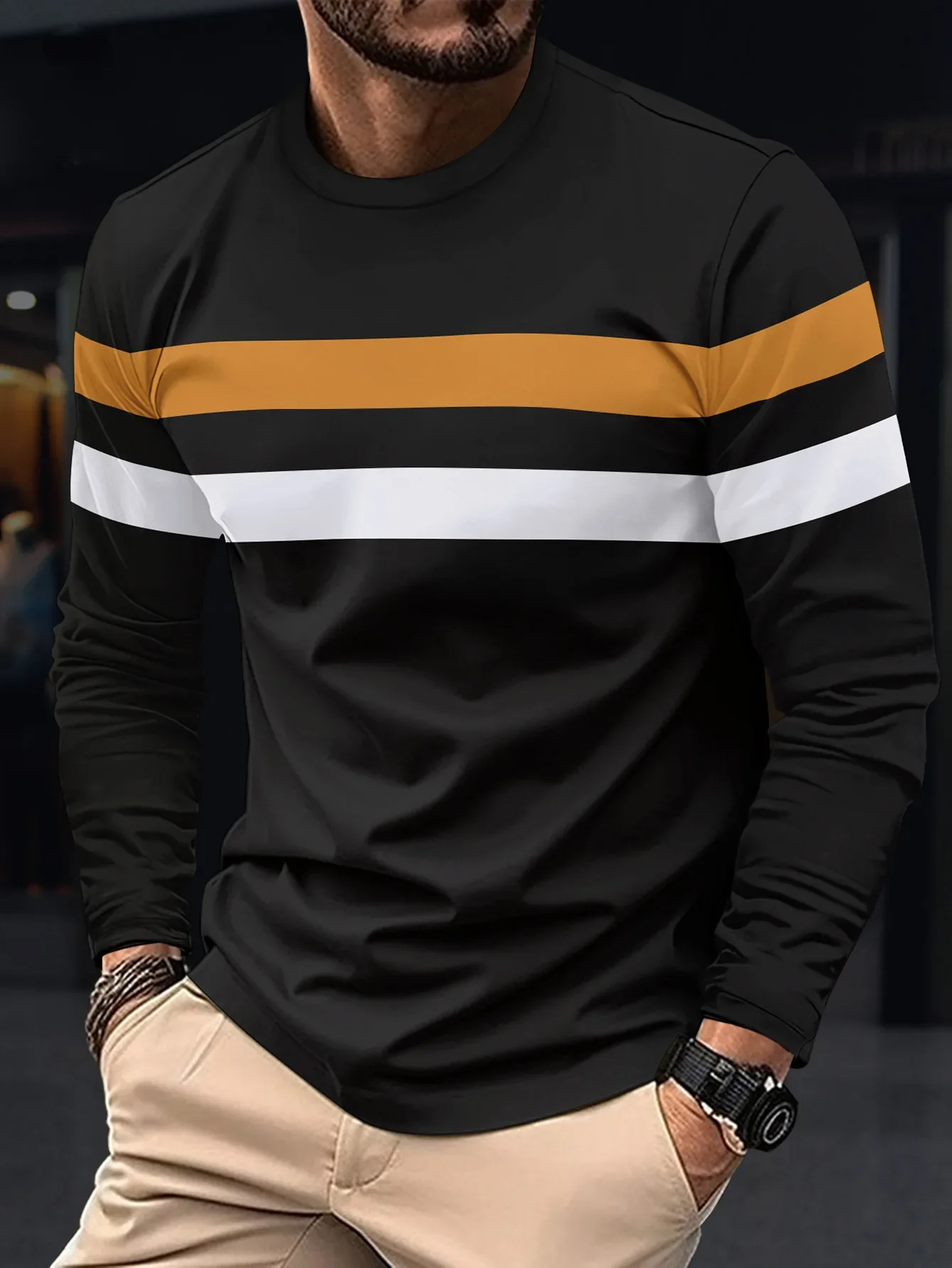 2025 Autumn/Winter Fashion Men's Long Sleeve Round Neck Splicing T-shirt Business Anti Wrinkle Street Wear Casual Top image 2