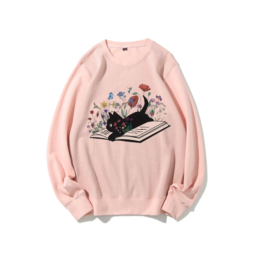 Cute Book Floral Black Cat Casual Crewneck Sweatshirt  Cat Lover Gift Women’s Autumn Winter Pullovers Comfort Long Sleeve Shirt