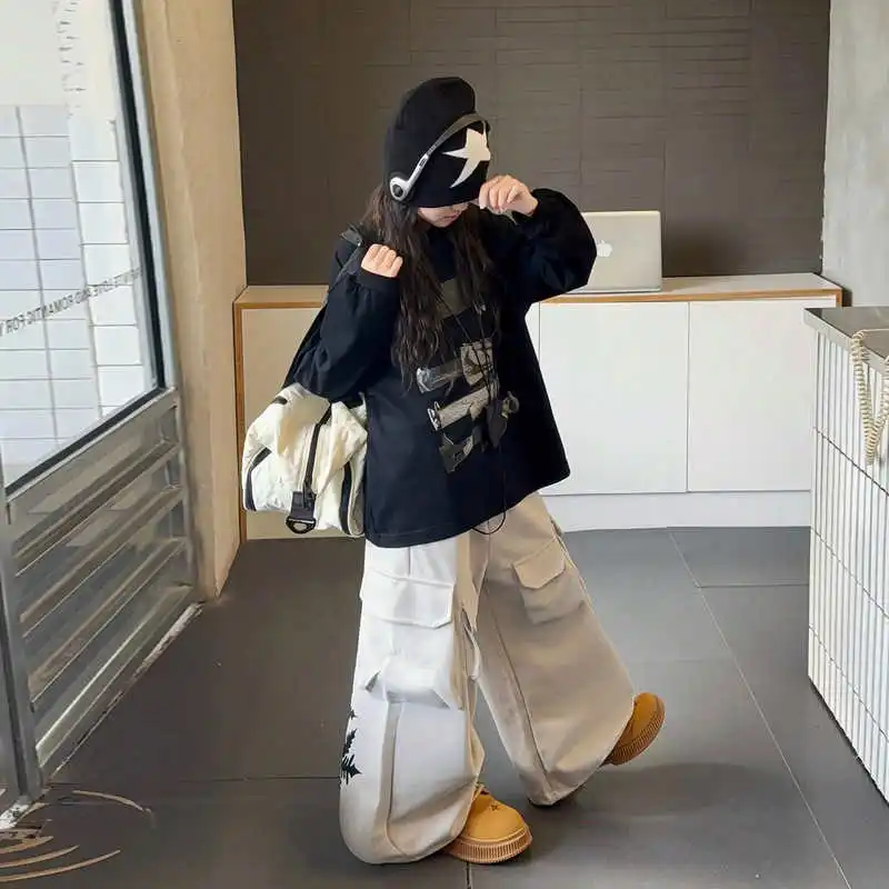 

2025 Korean Autumn Kids Girls Outfit Teenager Girls Printed Solid T-shirt Junior Girls Pocket Cargo Pant Children Girls 2pcs Set