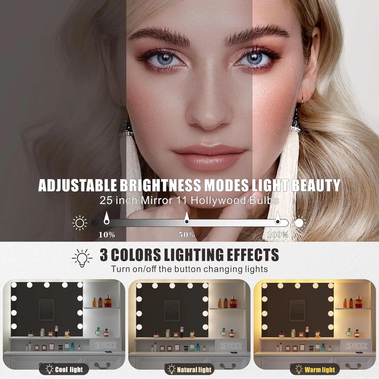 Vanity Desk with Mirror Light and Power Outlet, 39 inch Farmhouse Makeup Table Set with Stool, 3 Color Adjustable Lights Bedroom