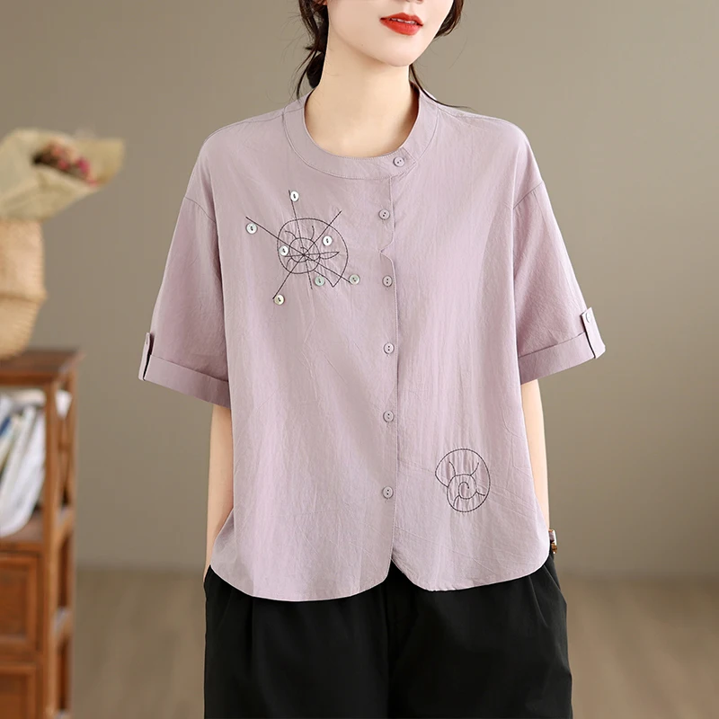 

Ladies Casual Embroidered Loose Fit Short Sleeve Shirt Summer 2026 New Style Comfortable Lazy Style Top plus Size Outerwear
