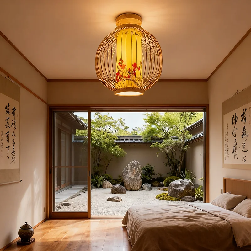 المنسوجة يدويا الخيزران فلوش جبل مصباح السقف النمط الصيني الياباني الثريا الطبيعية للمنزل فندق مطعم ديكور